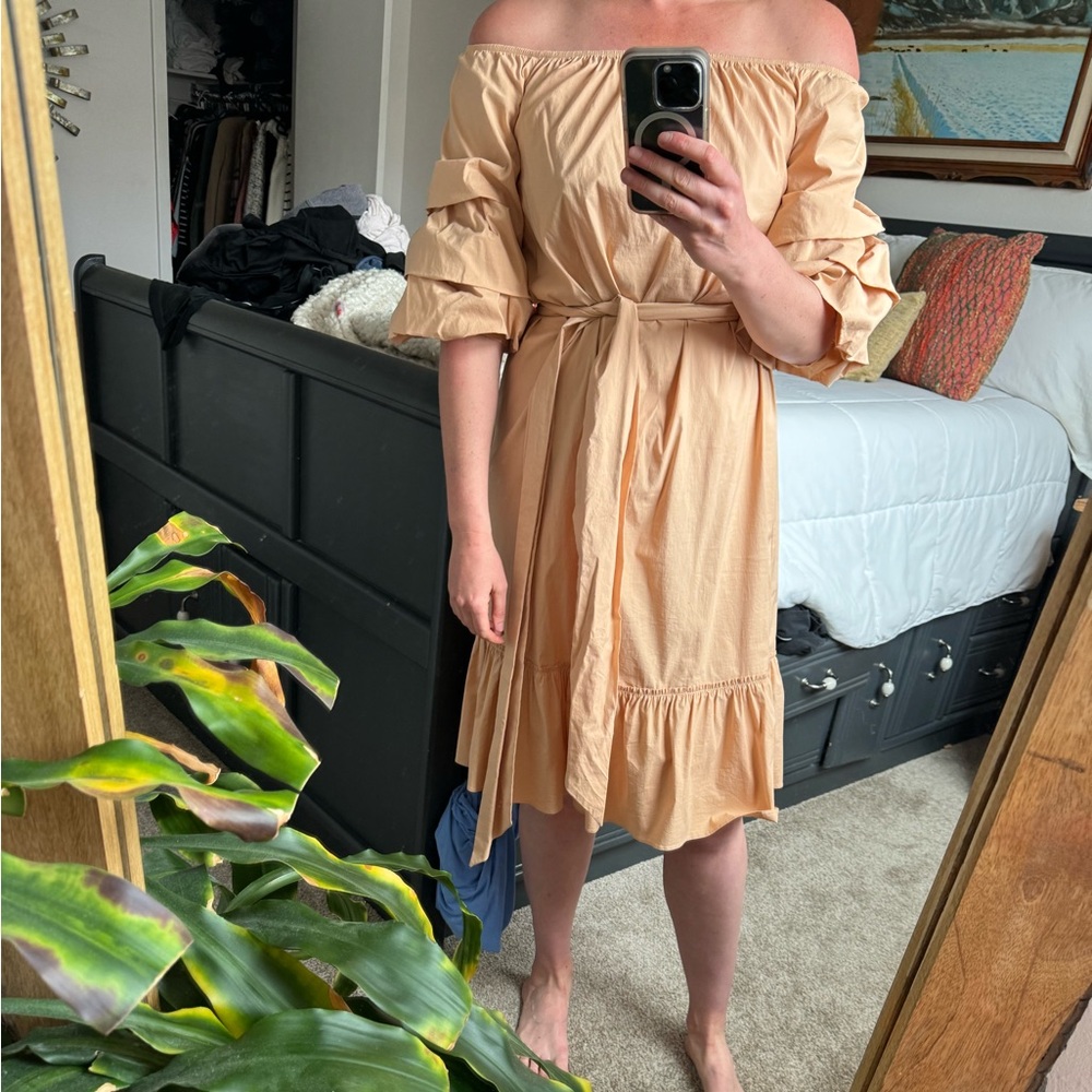 Zara Midi Length Peach Dress with Poof Sleeves and Tie Waist